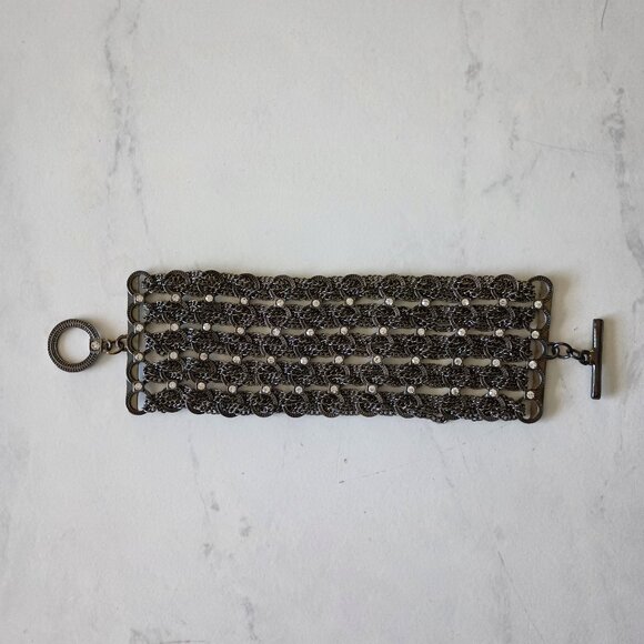 Crocheted Chain Bracelet Gunmetal Finish and Rhinestones with Toggle Clasp - Picture 3 of 4